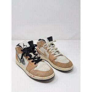 Nike Air Jordan 1 Mid Brushstroke Kids Shoes Brown Athletic Sneaker 6.5Y / W8